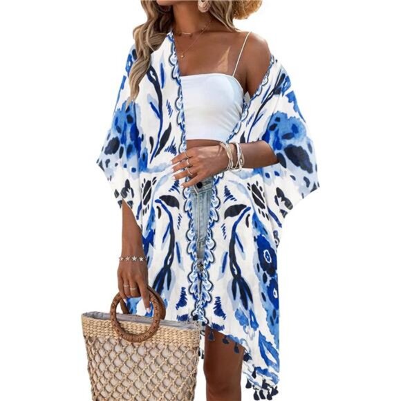 Women's Kimono Swimsuit Coverups Blue White Color - Picture 1 of 7